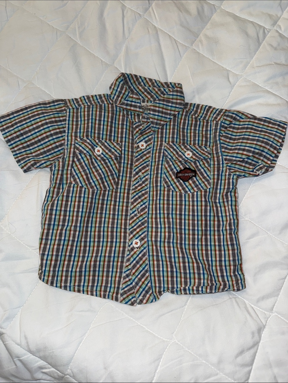 🍄18m Harley Davidson Plaid Short-Sleeve Button-Up Shirt in Blue/Brown - Kids